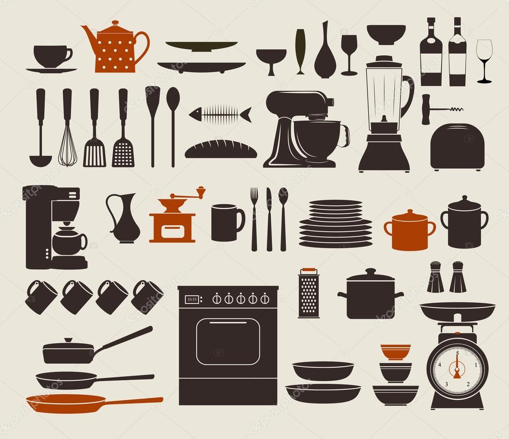 Uncategorized Kitchen Utensils And Appliances kitchen appliances stock vector lanan 27317373 set of icons including stove pots frying pens bowls dishes and various utensils by lanan