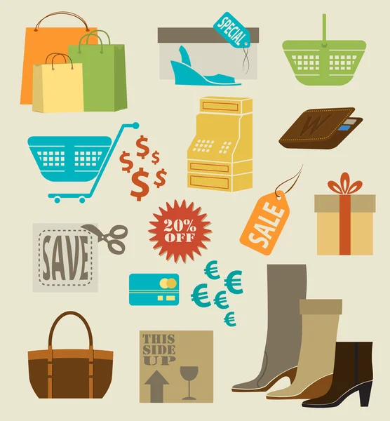 Színes bevásárló ikonok, címkék, címkék és szimbólumok — Stock Vector