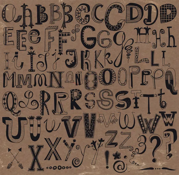 Szeszélyes kézzel rajzolt ábécé betűit és a billentyűparancsokat — Stock Vector