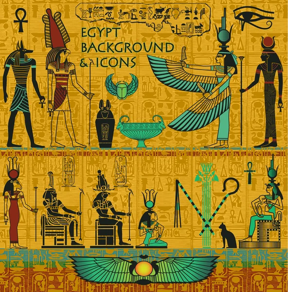 Sada egyptských božstev, zlaté egyptských zázemí, s hieroglyfy — Stockový vektor