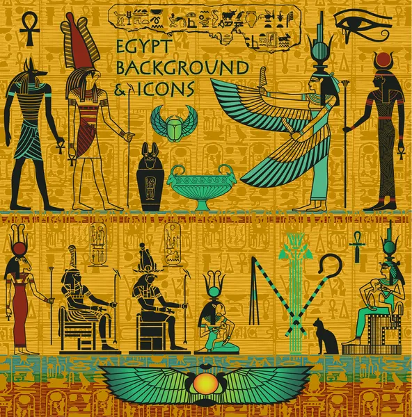 Набор древнеегипетских божеств, с золотым египетским происхождением, с иероглифами Стоковая Иллюстрация