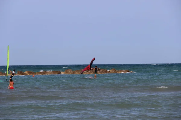 ウイングサーファー 夏には海でやるべき多くのスポーツがあり 誰もがこの新しいものを含むそれらを試すために水の中に身を投げます — ストック写真