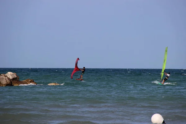 水のスポーツは 夏には海で行うには多くのスポーツがあり 誰もがそれらを試して水の中に身を投げる — ストック写真