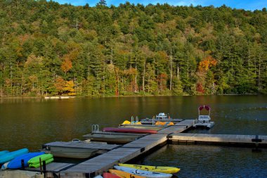 Kuzey Carolina 'nın Sonbahar Şelaleleri ön planda tekne rıhtımı olan bir göle bakıyor.