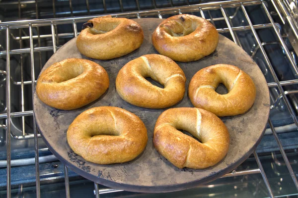 Freshly Baked Sourdough Bagels Baking Stone Oven — Stock Photo, Image