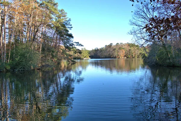 Holzsteg Der Ferne Einem Kleinen See Spätherbst Mit Spiegelglattem Wasser — Stockfoto