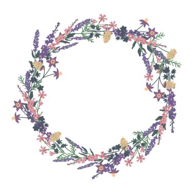 Decorative vector wreath with different flowers clipart