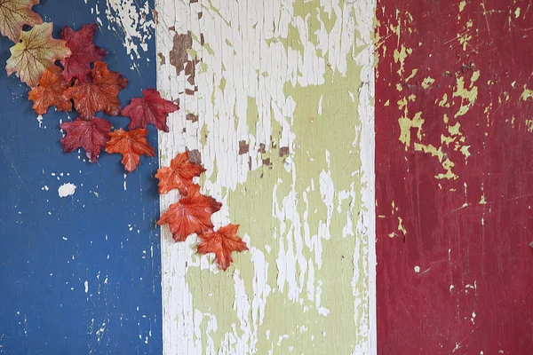Granero Vintage de madera roja, blanca y azul con hojas de otoño Fotos de stock