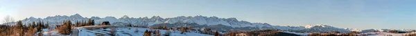 Extra Wide Full Winter Panorama Tatra Hands Sunrise Light Road — стокове фото