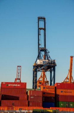 Gdynia, Polonya 18 Ağustos 2015: Polonya 'daki Gdynia limanında konteynır ve vinç