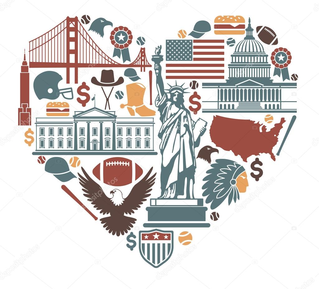 Icons of the USA in the form of heart