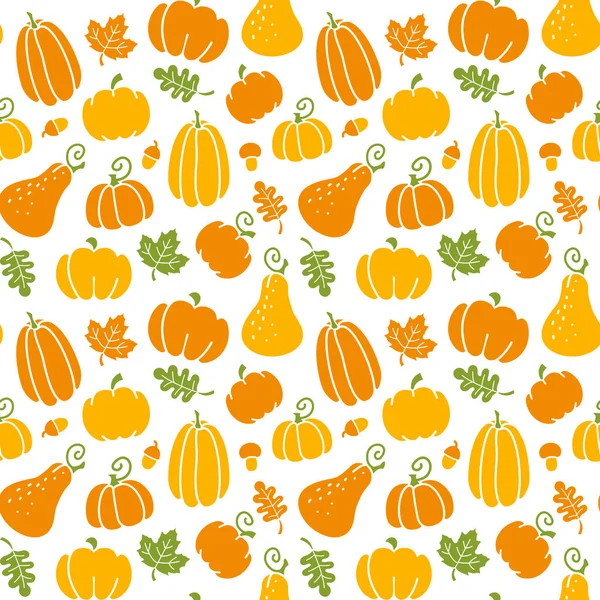 Seamless fall pattern with pumpkins, maple and oak leaves, acorns and mushrooms — Stock Vector