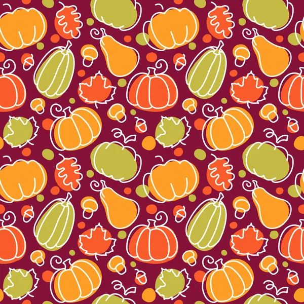 Seamless fall pattern with pumpkins, maple and oak leaves, acorns and mushrooms — Stock Vector