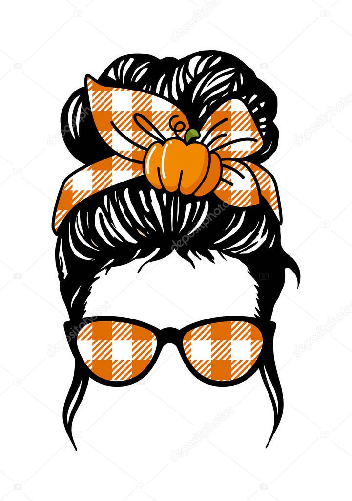 Autumn Messy bun with pumpkin , Girl with messy bun and glasses, Buffalo plaid bandana