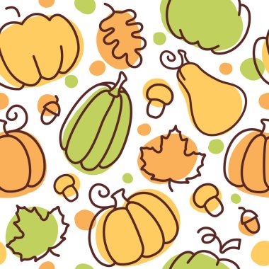 Balkabakları, akçaağaç ve meşe yaprakları, meşe palamutları ve mantarlarla kusursuz sonbahar deseni