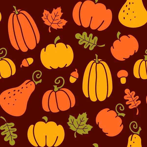 Seamless fall pattern with pumpkins, maple and oak leaves, acorns and mushrooms — Stock Vector