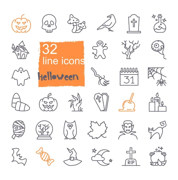 Iconos lineales con símbolos tradicionales de Halloween. Iconos vectoriales — Vector de stock