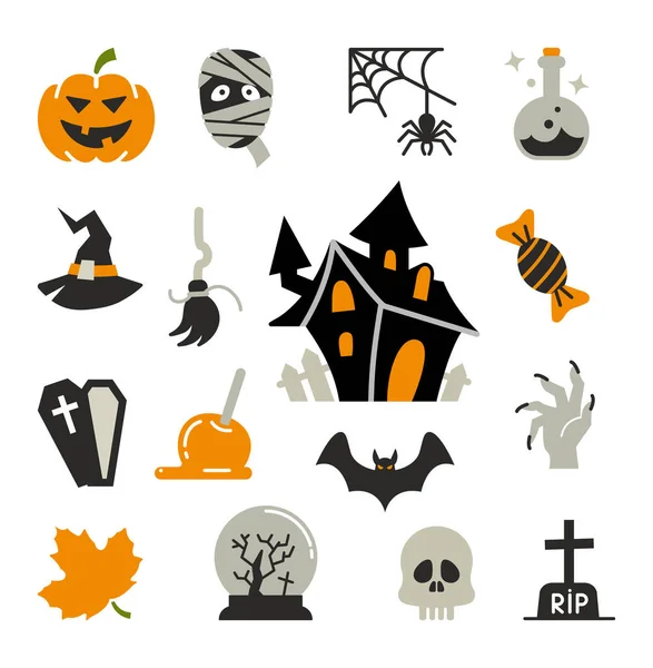 Iconos planos con símbolos tradicionales de Halloween. Iconos vectoriales — Archivo Imágenes Vectoriales