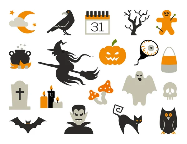 Ploché ikony s tradičními Halloween symboly. Ikony vektorů — Stockový vektor