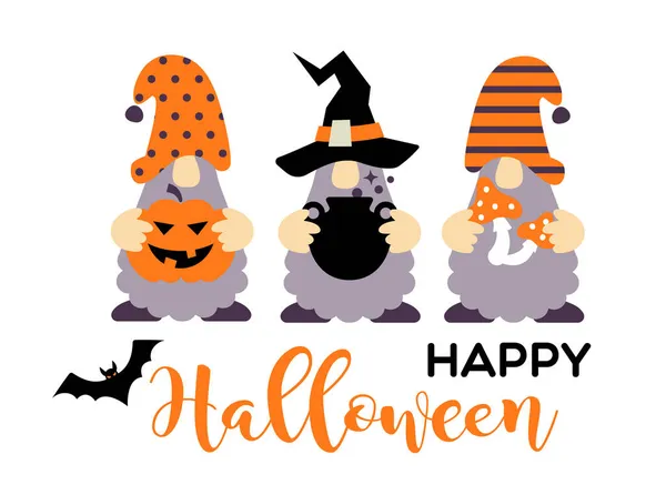 Halloweenkabouters met pompoen, lantaarn, pot. Leuke stripfiguren. Vakantie wenskaart. — Stockvector