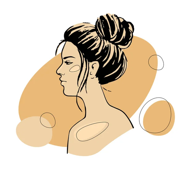 Beautiful young woman face profile with messy bun hairstyle vector drawing sketch. — Stock Vector