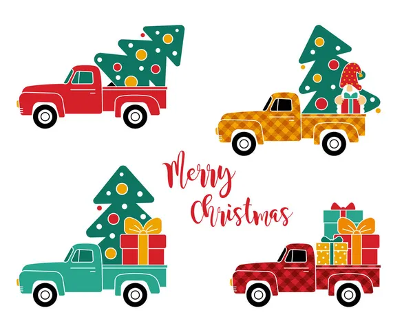 Pickup truck carrying Chrismas tree and gnome with presents, Merry Christmas vector illustration — Stock Vector