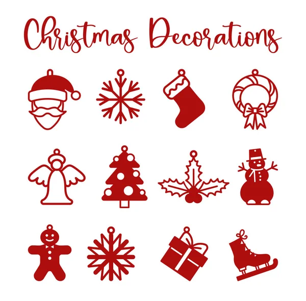 Christmas Ornaments Templale Laser Cutting Christmas Wreath Santa Ice Skates — 图库矢量图片