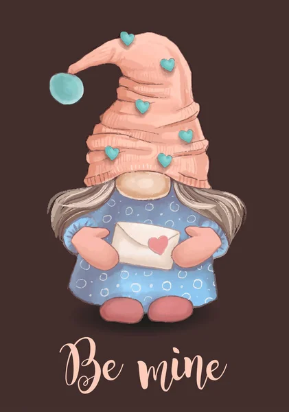 Bonito Desenho Animado Valentine Gnome Menina Segurando Uma Carta Amor —  Vetores de Stock