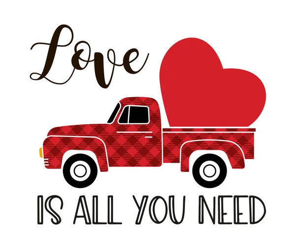 Vector illustration of a vintage truck carrying valentine heart. Greeting Card Template — Stock Vector