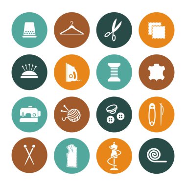 Bir dizi dikiş ve örgü ikonu. El yapımı hobi aktiviteleri düz simgeler