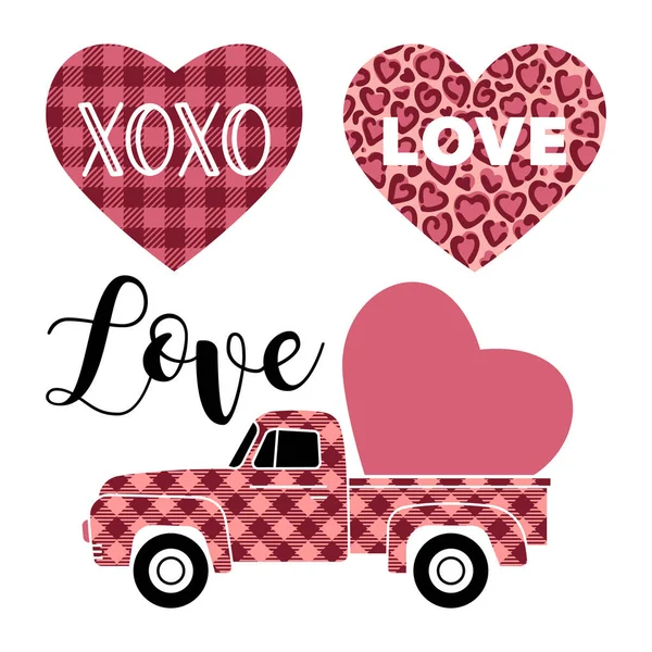 Vector illustration of a vintage truck carrying valentine heart. Leopard heart. Buffalo plaid heart — Vector de stock