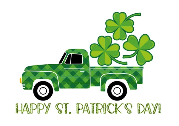 Buffalo geruite groene vrachtwagen en klaver bladeren. Happy St Patricks dag sjabloon met shamrock — Stockvector