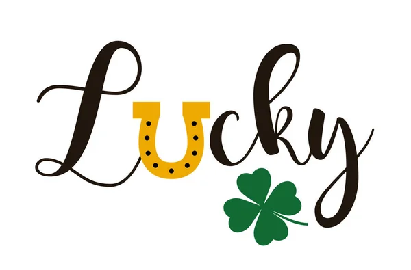St. Patricks Day typografie Tričko Design - Lucky word with horseshoe and shamrock — Stockový vektor