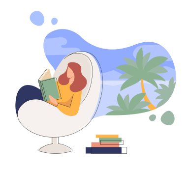 Sandalyede kitap okuyan bir kadın. Düz vektör çizimi.