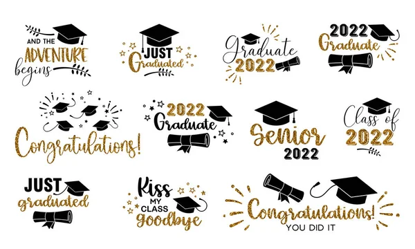 Las felicitaciones de graduación en la escuela, la universidad o la universidad. Caligrafía de moda inscripción brillo dorado — Vector de stock