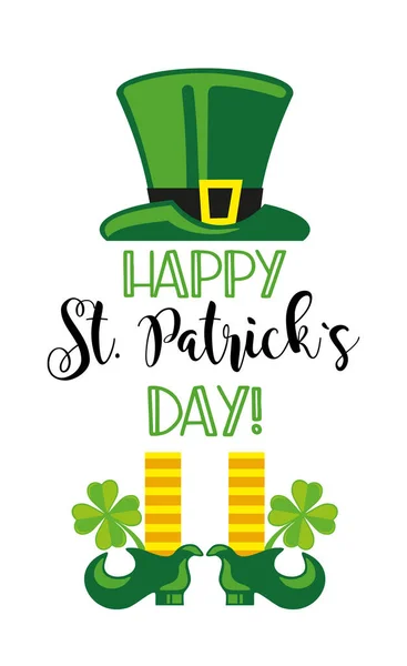 Feliz dia de St. Patricks. Design moderno com tipografia, chapéu verde, pernas de duende e trevo. Modelo desenhado à mão. — Vetor de Stock