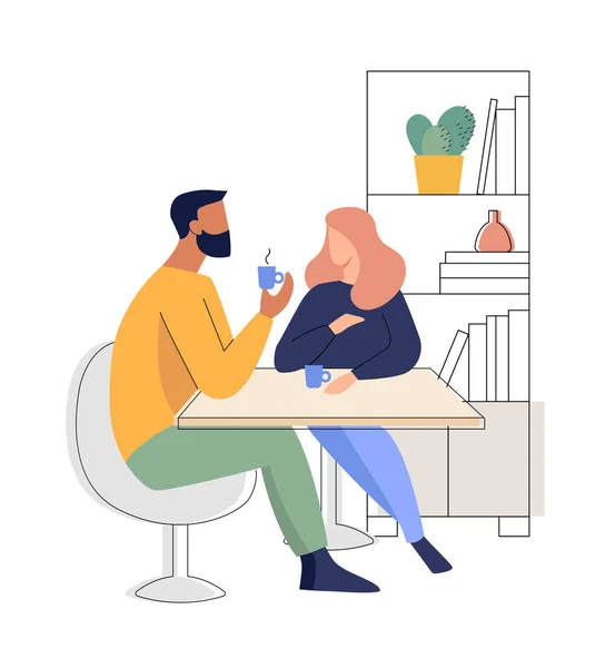 Egy férfi és egy nő kávézik az asztalnál. — Stock Vector