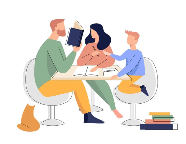 Enseignement à domicile. Les parents étudient les livres avec le garçon — Image vectorielle