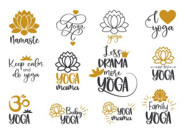 Yoga sembolleri ve yazıtlar. Lotus çiçeği ve OM yoga logosu. Komik yoga alıntıları şablonu