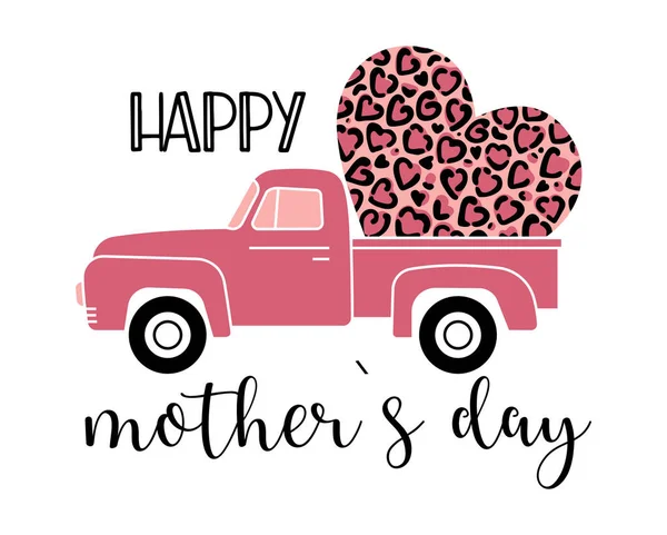 Kalp taşıyan eski bir kamyonun vektör çizimi. Üzerinde "Mutlu Anneler Günü" yazan tebrik kartı şablonu Stok Illüstrasyon