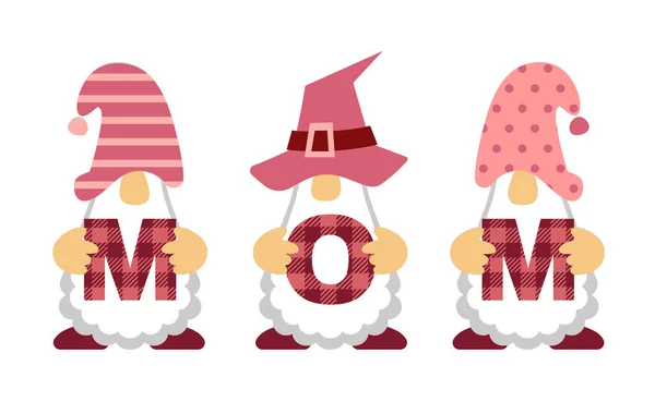 Tres Gnomos sosteniendo la palabra MOM en el ilustrador vectorial del día de las madres. Vector De Stock