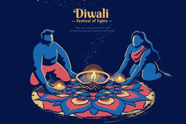 Mutlu Diwali tebrik kartı tasarımları. Yerlerde oturan Hintli çift, sakin bir gecede rangoli desenlerini diya ile dekore ediyorlar..