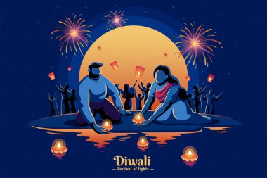 Diwali kutlama kartı. Hint çift silueti suya diya lambası fırlatıyor ve insanlar gece gökyüzüne gökyüzü fenerleri salıyor..