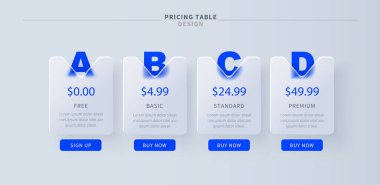 Dört plan ve düğmeli cam morfik masa şablonu. Minimum ui web sayfası tasarımı.