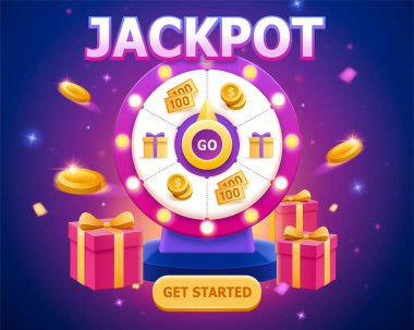 Büyük satış şablonu. İçinde bozuk paralar olan lüks bir çark. Tanıtımlı satış etkinliğinde kupon ödülü kazanma kavramı.