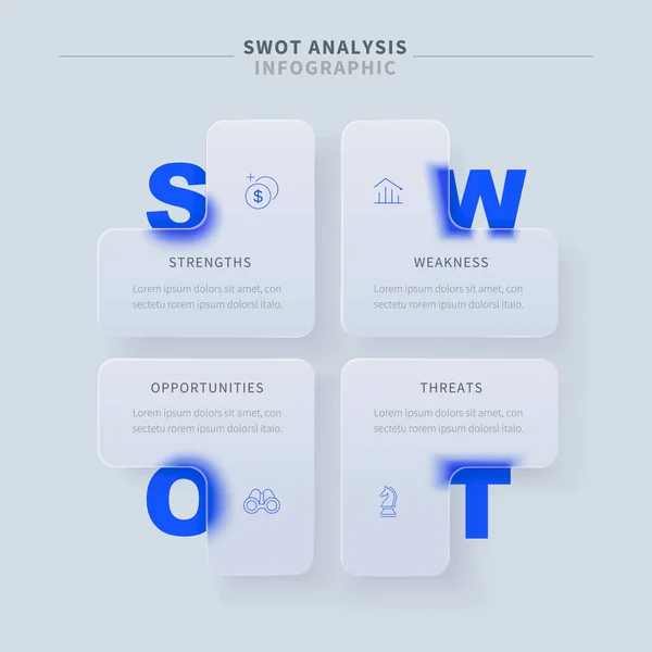 Diagrama Swot Vítreo Design Infográfico Mínimo Para Análise Apresentação Estratégia — Vetor de Stock
