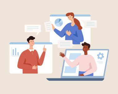 Gençlerin iş konuşmak için online bir ofis toplantısı yapmalarının düz bir çizimi. Video konferansı veya sanal iş toplantıları kavramı.