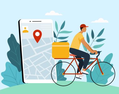 Cep telefonundaki GPS haritalı kuryenin düz çizimi. Bisikletle yemek dağıtım hizmeti kavramı.