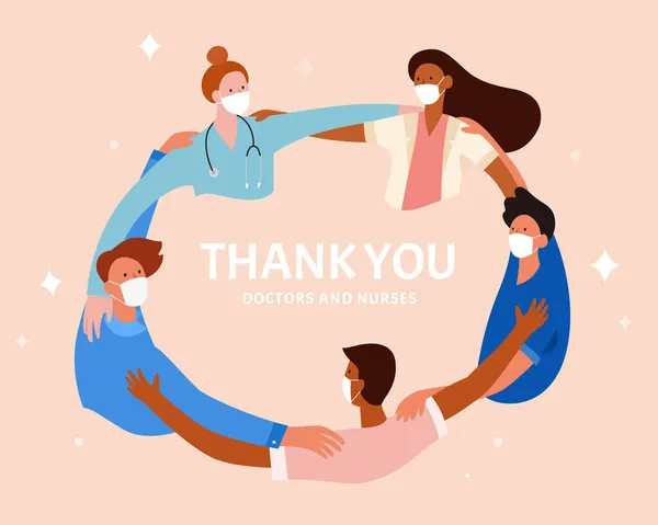 Ομάδα Γιατρών Και Νοσοκόμων Κύκλο Επίπεδη Απεικόνιση Έννοια Ευχαριστώντας Τους — Διανυσματικό Αρχείο