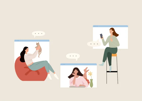 妇女在家做不同活动时打视频电话的平面插图 — 图库矢量图片